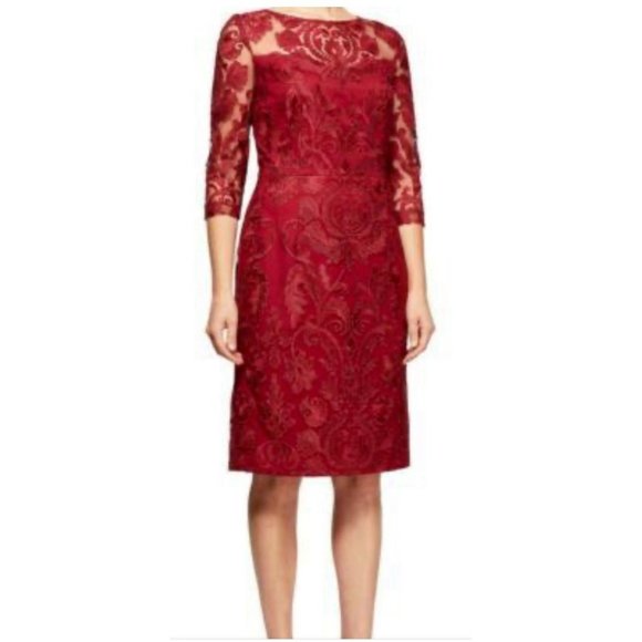 Alex Evenings Dress 12 Red 3/4 Long Sleeve Wedding Cruise Party Washable - Picture 4 of 14